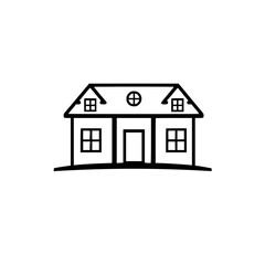 Simple black line drawing of a house with a centered front door, dormer windows, and a round window on the roof, set against a stark white backdrop.