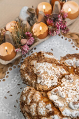 Colomba - Italian traditional Easter bread is topped with pearl sugar and almonds in the shape of a dove. Festive pastries are traditional in Italy.