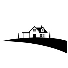 Minimalist Black and White Silhouette: A charming country house on a gentle hill with a carport, evoking a sense of tranquility.