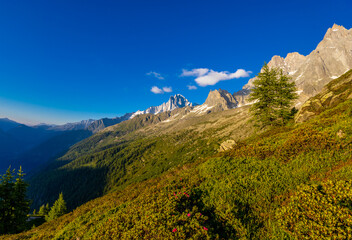 Aiguilles de Chamonix rocky granite mountain peaks in french Alps around Mont Blanc summit in...