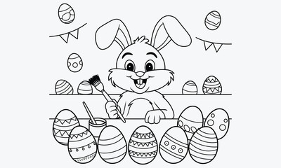 Naklejka premium easter bunny with easter eggs, A black and white illustration of a concentrated rabbit wearing a small Basque hat and holding a brush while painting a large Easter egg on an easel