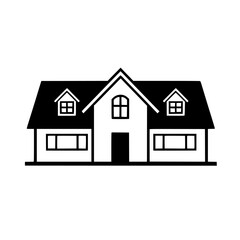 Minimalist Two-Story House Silhouette, Black and White Vector Illustration, Dormers, Windows, Door, Gable Roof, Isolated Design.