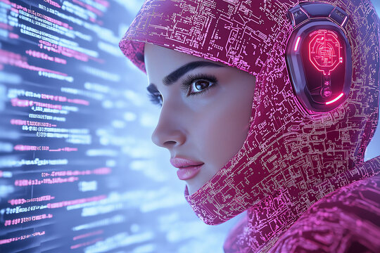 futuristic woman in pink digital suit with glowing headphones, surrounded by binary code and data streams, embodies technology and innovation