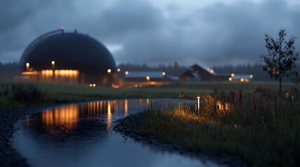 Industrial Dome at Night Near a Calm Stream