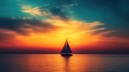 Sailing yacht at sunset, colorful sky over calm sea