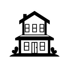 Simple Black and White Vector Illustration of a Two-Story House with Heart-Shaped Bushes, Door, and Windows on a White Background.