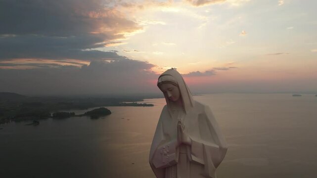 Drone footage of the Our Lady of Nui Cui Pilgrimage Center at sunset in Dong Nai, Vietnam