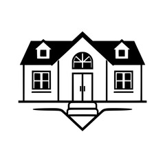 Vectorized Black and White Illustration of a Classic American Suburban House with Dormer Windows, Double Doors, and a Gabled Roof.