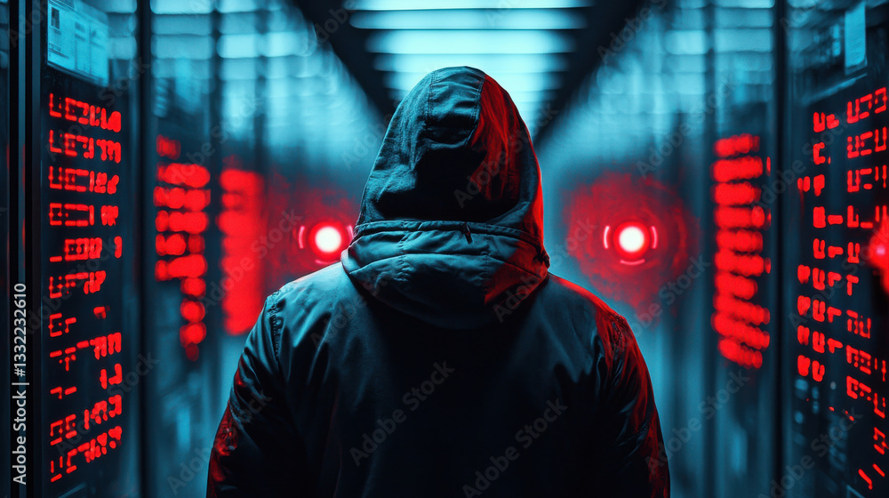 Poster wireless technology and future wifi concept, cyberpunk style hacker in dark corridor with glowing re