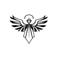 Obraz premium Geometric Angelic Emblem: A symmetrical black and white illustration featuring a diamond-shaped head, radiating wings, and stylized feathering, evoking a sense of sacred geometry.