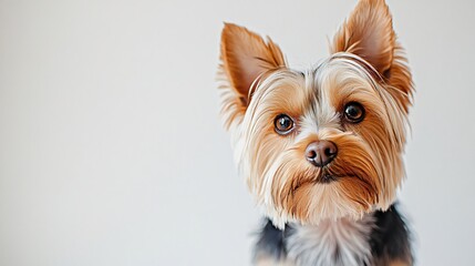 Fototapeta premium Endearing Portrait of a Small Dog Featuring Bright Eyes and Fluffy Coat Against White Background