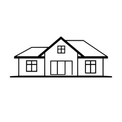 Simple black and white line art illustration of a modern house with a symmetrical design, featuring windows and a gabled roof, isolated on white.