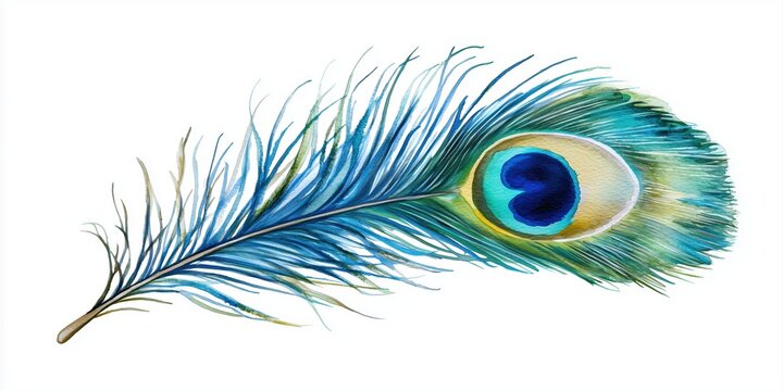 Fototapeta Vibrant watercolor depiction of a stunning peacock feather showcasing its rich colors and intricate patterns