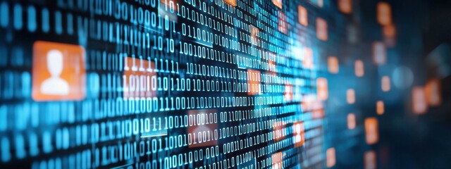 Obraz premium Digital Data Stream with Binary Code and User Icons in Blue Light