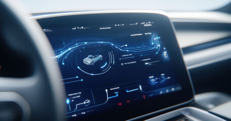 Modern electric car interior touchscreen with futuristic interface displayed
