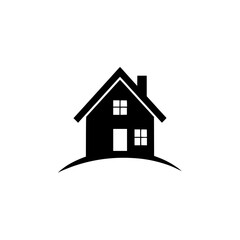 Minimalist black house silhouette logo on a white background, symbolizing home, real estate, and property, with a chimney and windows.