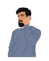 Handsome man talking by mobile phone. Bearded Male Character with smartphone in hand. Smiling guy use gadget for communication. Flat vector illustration isolated 