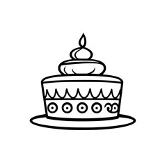 Minimalist Black and White Illustration of a Layered Cake with Decorative Details and a Single Candle Flame.