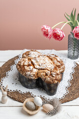Colomba - Italian traditional Easter bread is topped with pearl sugar and almonds in the shape of a dove. Festive pastries are traditional in Italy.