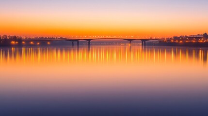 Naklejka premium Serene sunset over a calm river, reflecting vibrant colors and city lights along the shore