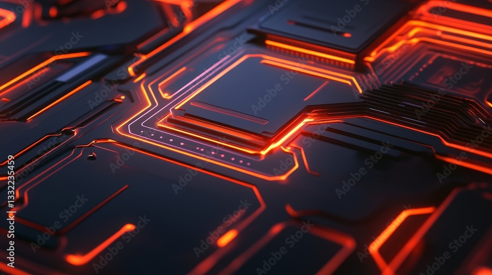 Poster abstract close-up of a glowing circuit board with intricate patterns and vibrant red highlights