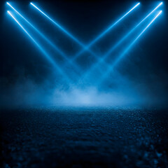 Two bright blue beams of light intersect over a dark textured surface with a hazy glow. Generative AI.