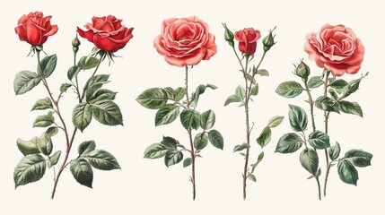 Hyper-realistic, vintage botanical illustrations with scientific labels. Focus on detailed line art with watercolor coloring. Combine multiple rose varieties and add annotations. 