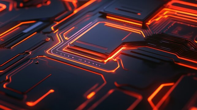Abstract close-up of a glowing circuit board with intricate patterns and vibrant red highlights