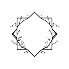 Geometric, minimalist, black-and-white illustration of an octagonal frame, adorned with delicate leafy vines and blank space.