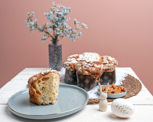 Colomba - Italian traditional Easter bread is topped with pearl sugar and almonds in the shape of a dove. Festive pastries are traditional in Italy.