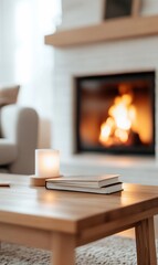 Cozy living room with a candle, books, and a fireplace.