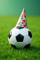 Football wearing party hat, grassy field backdrop , field, birthday