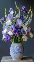 Elegant iris bouquet in ceramic vase