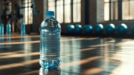 A small blue plastic water bottle set against a dark, modern background, illuminated by blue lighting for a sleek look