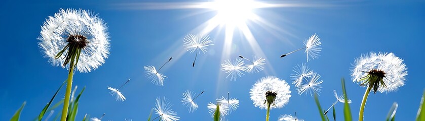 Dandelion seeds floating in sunlight nature photography open sky close-up view serenity