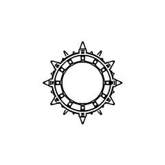 A symmetrical, black and white, intricate circular design with spiky protrusions emanating outwards, isolated on a clean white background.
