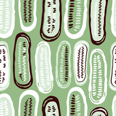 Seamless pattern doodle vegetables on green background. Green cucumber and gherkins, sliced in half. Healthy vegetables. Farm products. Hand drawn vector illustration for the design of wrapping paper