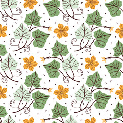 Floral  seamless pattern on white background. Flowers, leaves, stems, seeds of cucumber, squash, zucchini, pumpkin. Hand-drawn vector botanical illustration