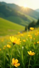 Fototapeta premium Golden buttercup bathed in sunlight, green hills , plant, bright, meadow