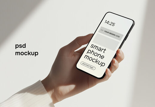 A hand holding a smartphone in a daylight setting &ndash; mockup