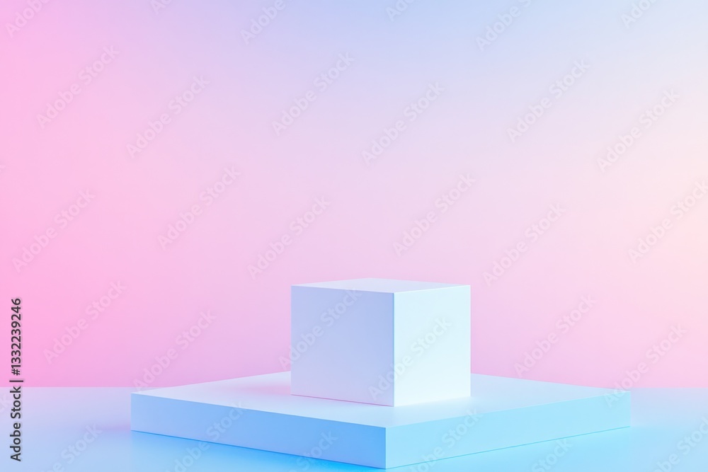 Poster minimalist 3d-rendered geometric box on soft-colored gradient background featuring ample copy space 