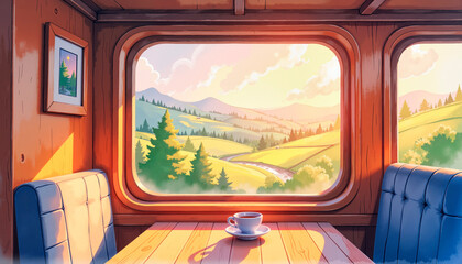 Fototapeta premium Cozy train journey cabin with countryside view, nostalgia and warmth, copy space