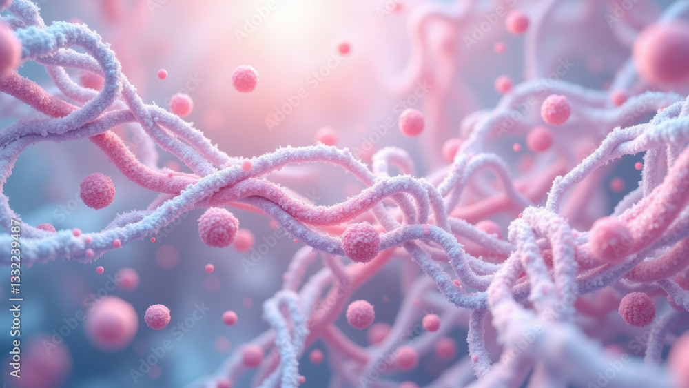 Poster intricate molecular structure with a nucleus, depicted under a microscope.