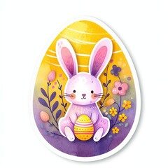 Bright sticker with a whimsical illustration of an Easter bunny, eggs, shades of purple and yellow, reminiscent of watercolor paper