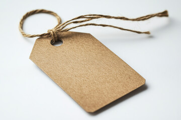 Brown tag with a string, on a wooden surface.