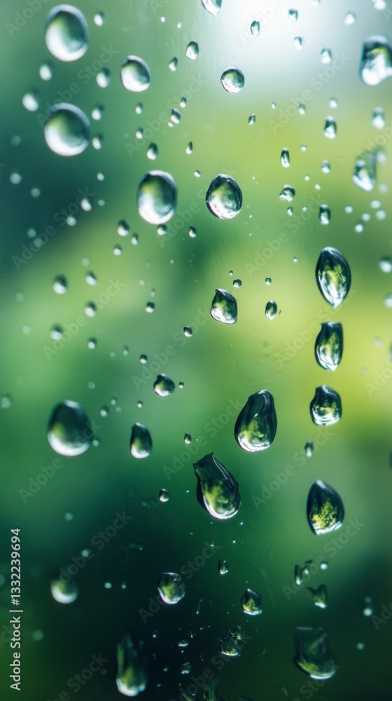 Poster Close-up of raindrops forming intricate patterns on a window, with lush greenery softly blurred in the background, evoking a serene atmosphere on a rainy day