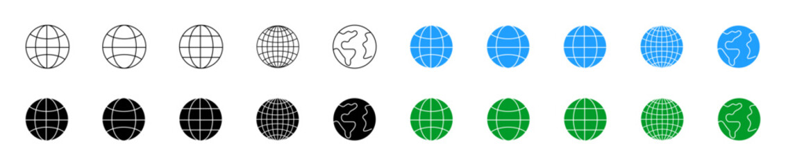 Set of flat linear icons depicting different globes in black, blue and green colors.