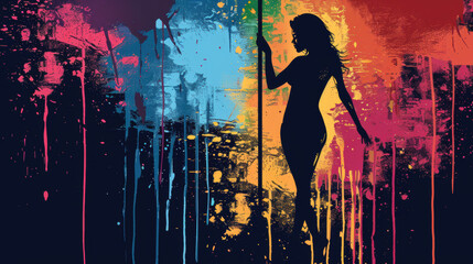 Colorful Silhouette of Woman with Pole in Abstract Paint
