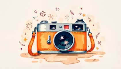 Obraz premium Vintage camera for travel illustration with leather strap, adventure theme