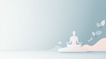 serene flat design illustration of person meditating in lotus position surrounded by tranquil elements like floating